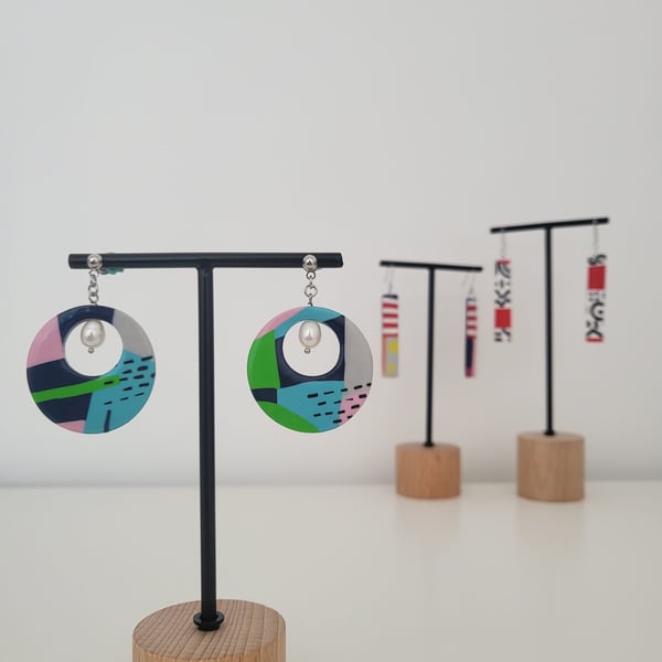 Handmade Polymer Clay Dangle Earrings -  Abstract Pearl Hoops