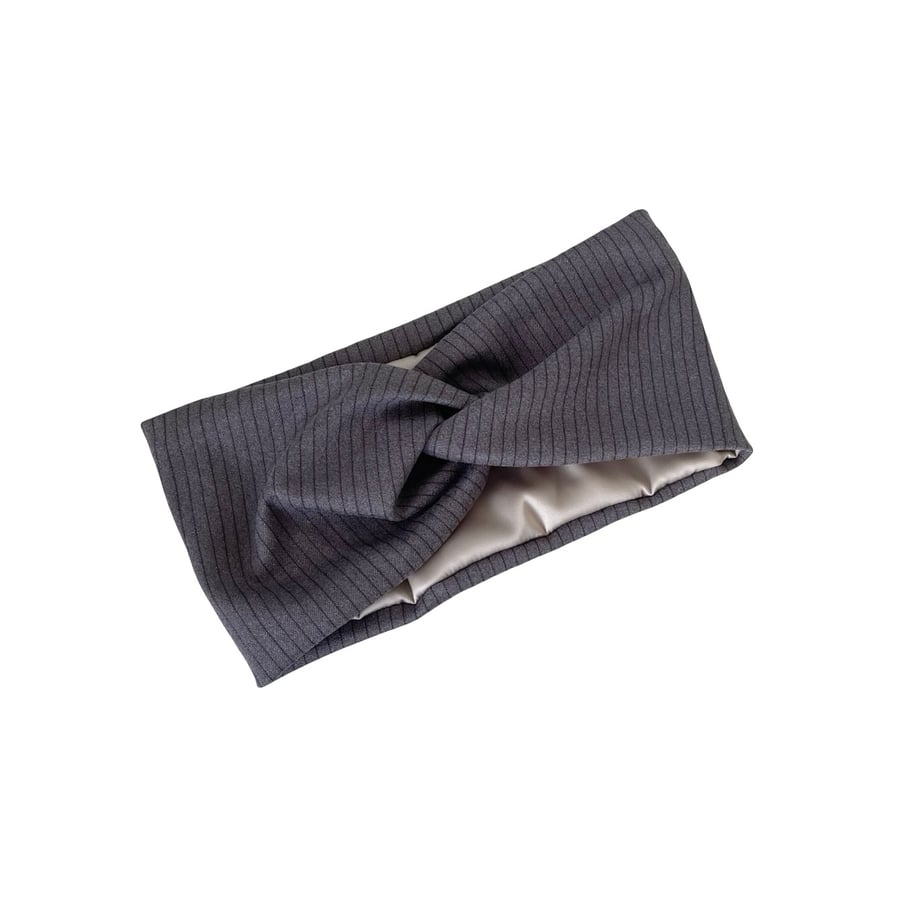 Dark Grey Satin Lined Twisted Headband Wide Brushed Knit Jersey Head Wrap