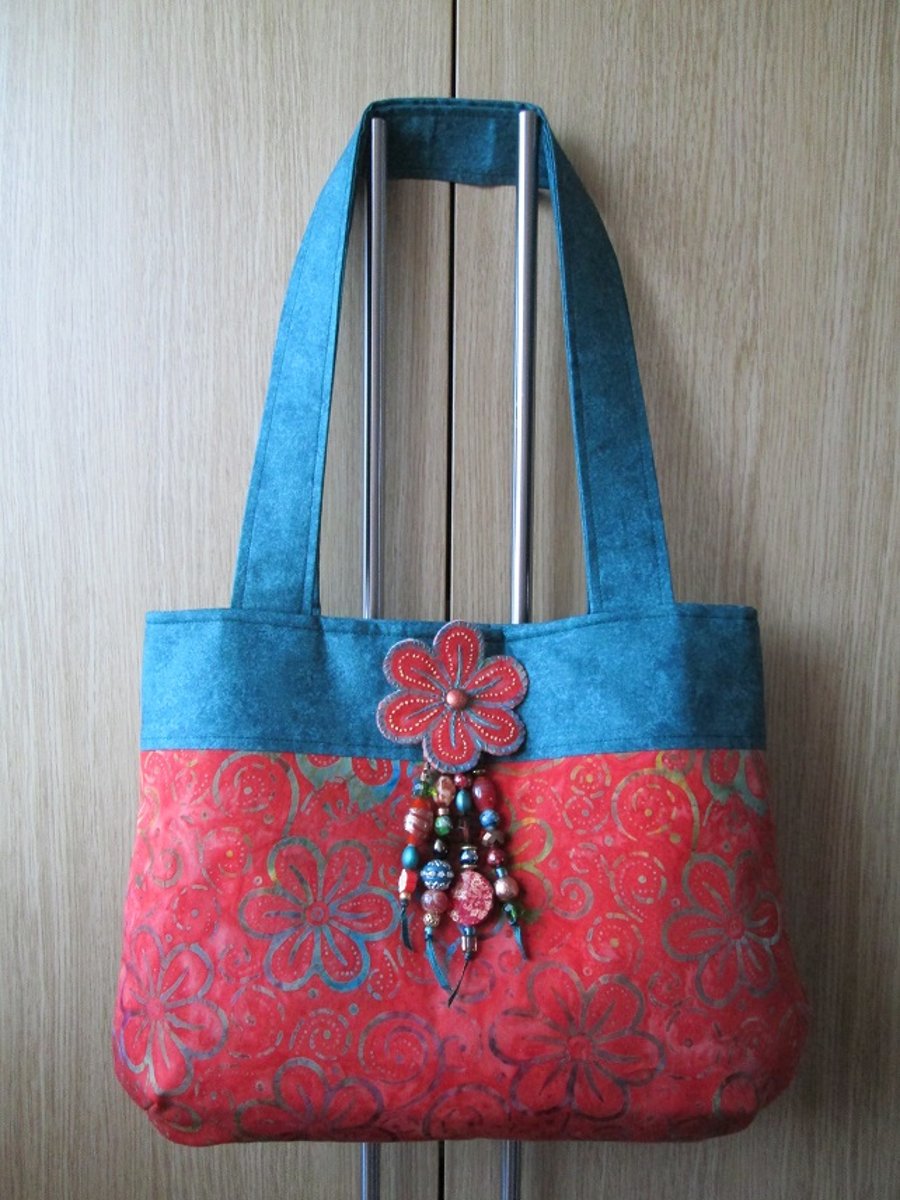 Orange and Teal Floral Batik Handbag