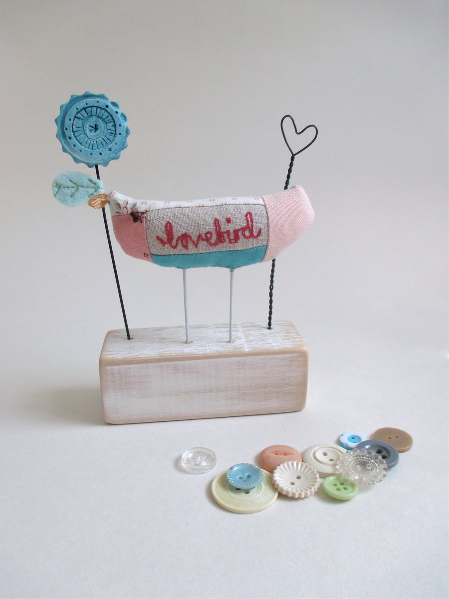SALE - Fabric Patchwork Love Bird with Flower and Heart