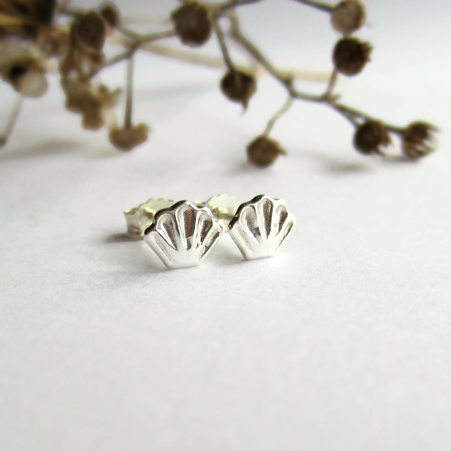 Fine Silver Seashell Stud Earrings - Tiny Sea Shell Earrings
