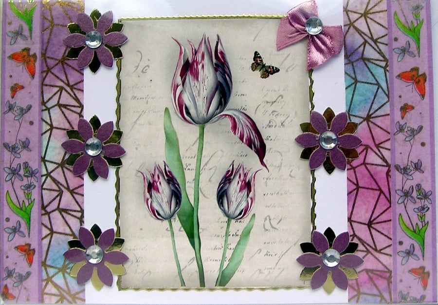 Tulip Spring Flower - Hand Crafted Decoupage Greeting Card - Blank 2892