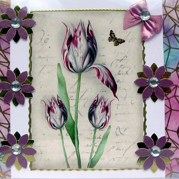 Tulip Spring Flower - Hand Crafted Decoupage Greeting Card - Blank 2892