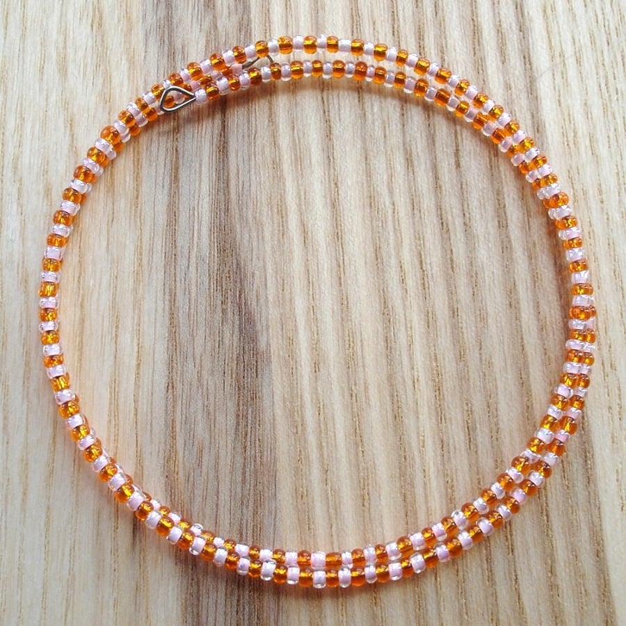 Orange and Peach Glass Seed Bead Spiral Bracelet