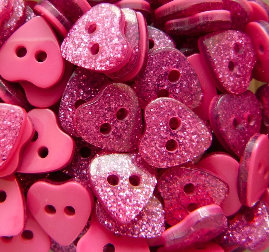 Pink Glitter Heart Buttons, 9mm Heart Buttons