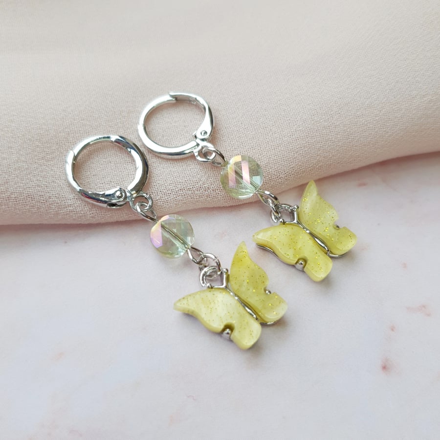 Yellow Glitter Butterly & Czech Glass Silver Leverback Hoop Dangle Earrings
