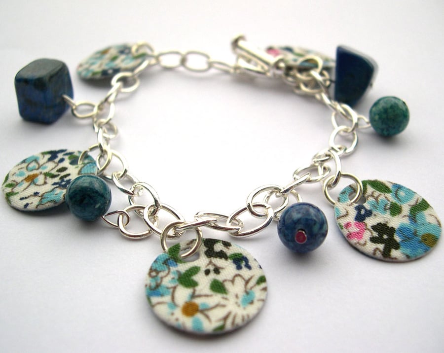 Hardened Fabric Blue Floral Ditsy Print Charm Bracelet with Semi Precious Stones