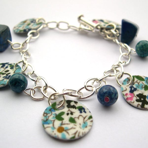 Hardened Fabric Blue Floral Ditsy Print Charm Bracelet with Semi Precious Stones