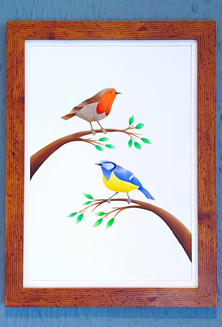 Made in UK Framed A3 Print Colourful Bluetit Red Robin White Border Wallart