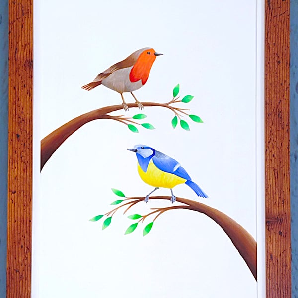 Made in UK Framed A3 Print Colourful Bluetit Red Robin White Border Wallart