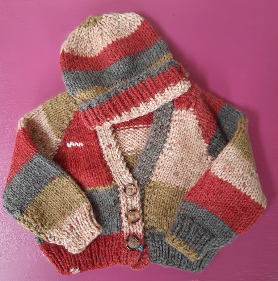 Hand Knitted Baby Cardigan and Hat for Newborn 