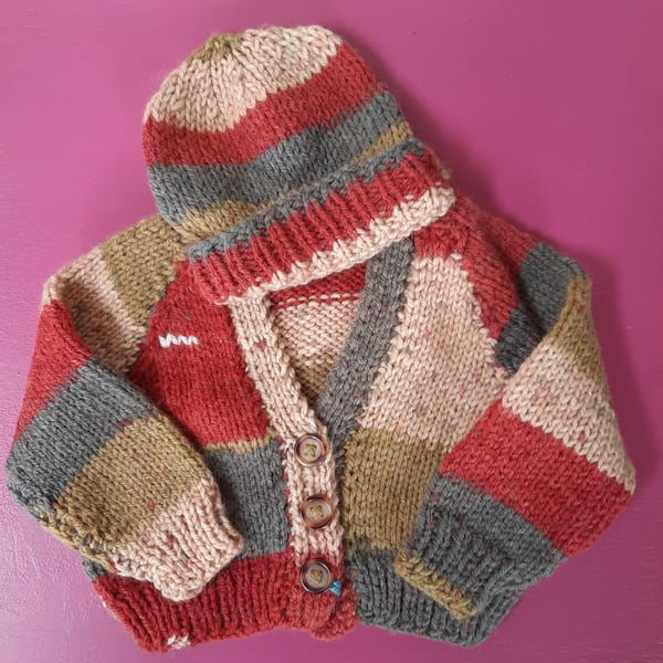 Hand Knitted Baby Cardigan and Hat for Newborn 