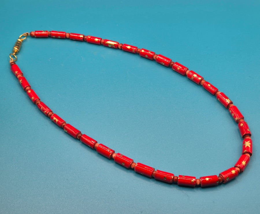 Delicate sparkly red paper beaded necklace