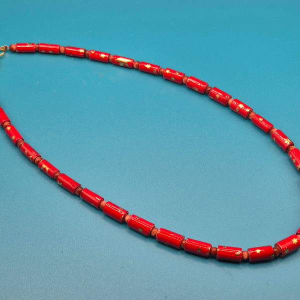 Delicate sparkly red paper beaded necklace