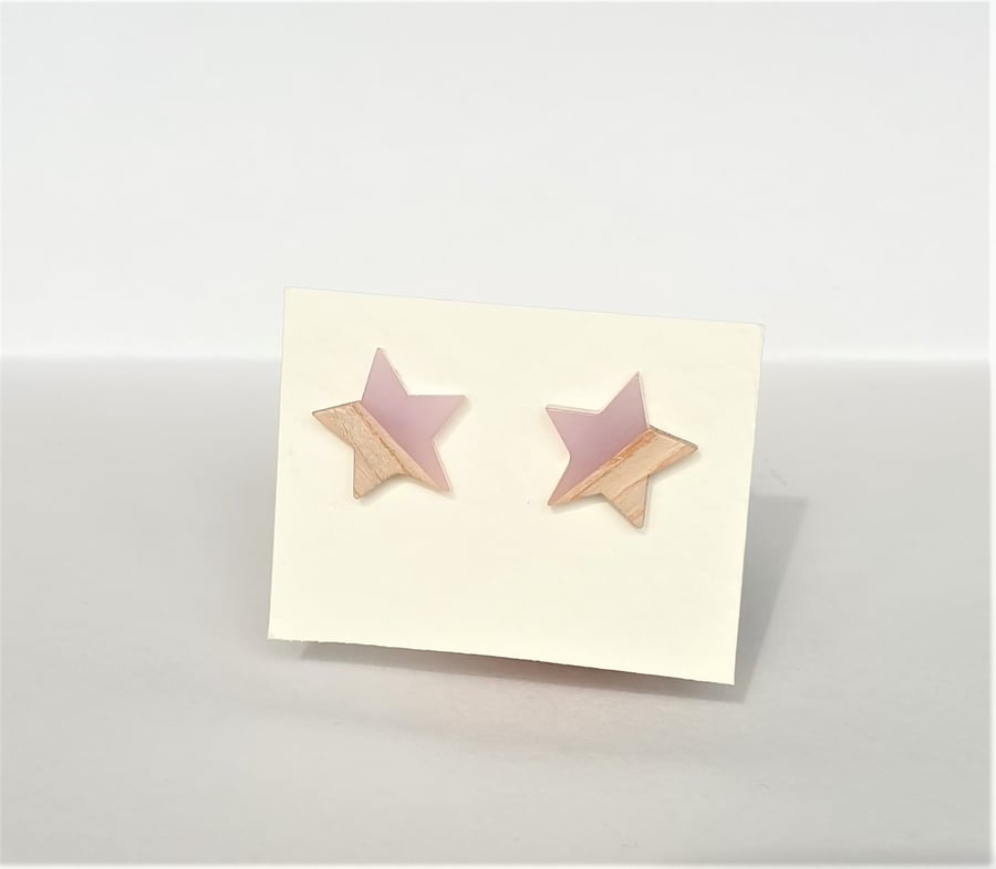 Light Wood And Pale Pastel Lilac Resin Sterling Silver Star Stud Earrings