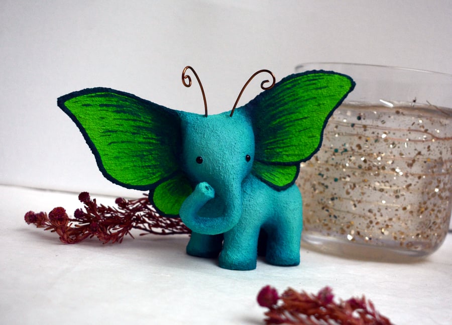 Blue-Green Elephant Butterfly - whimsical little animal sculpture
