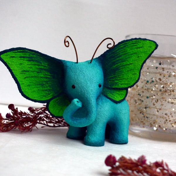 Blue-Green Elephant Butterfly - whimsical little animal sculpture