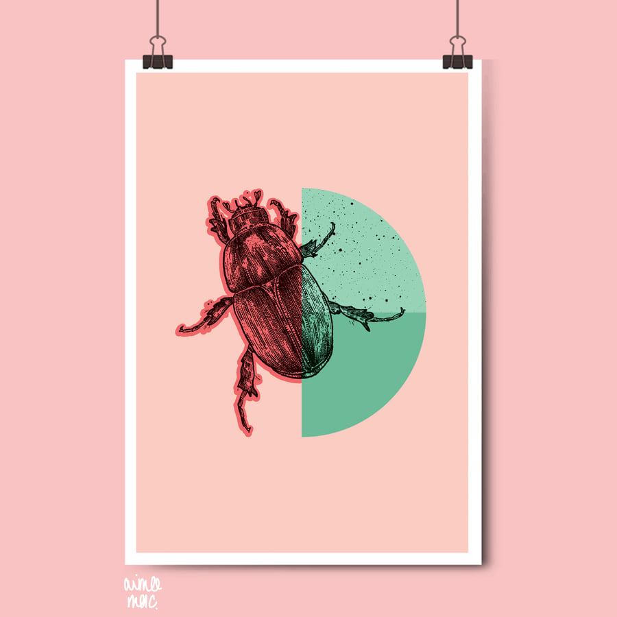 Pink & Green Colour Block Beetle Print - A3