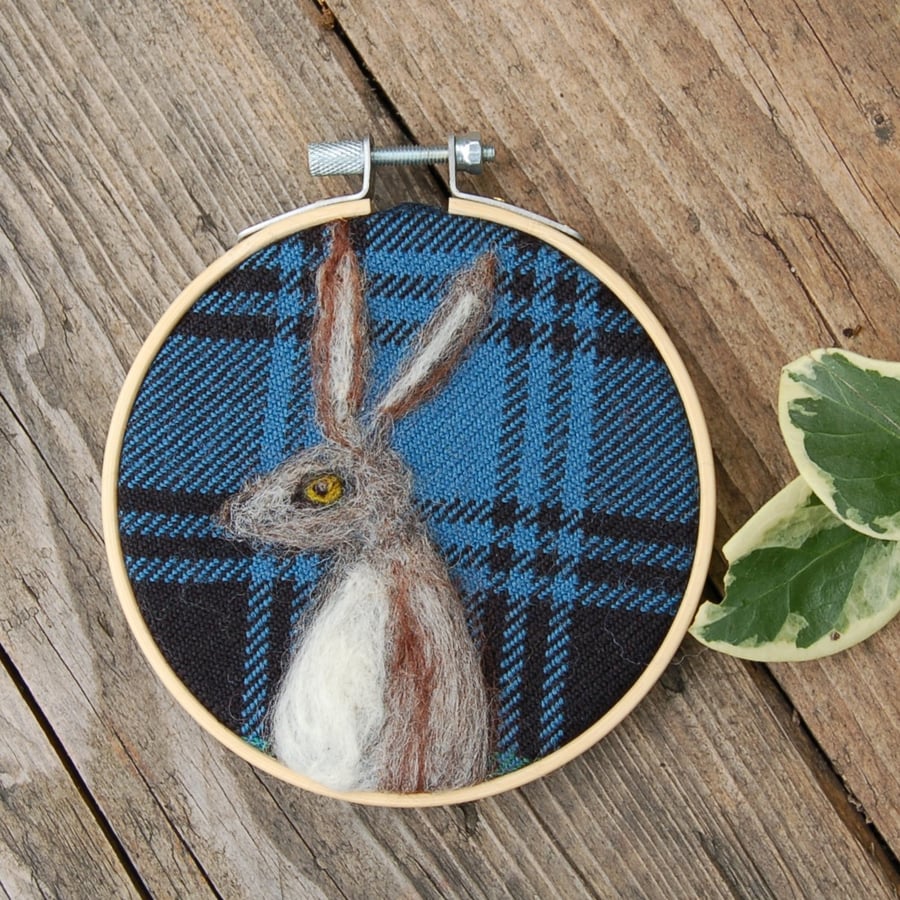 Hare picture, wool art picture in hoop frame, wool fabric, needle felted 