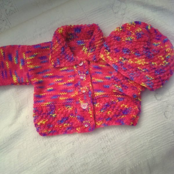 Colourful Cardigan and Hat Set for a Baby, Custom Make, Prem Sizes Available
