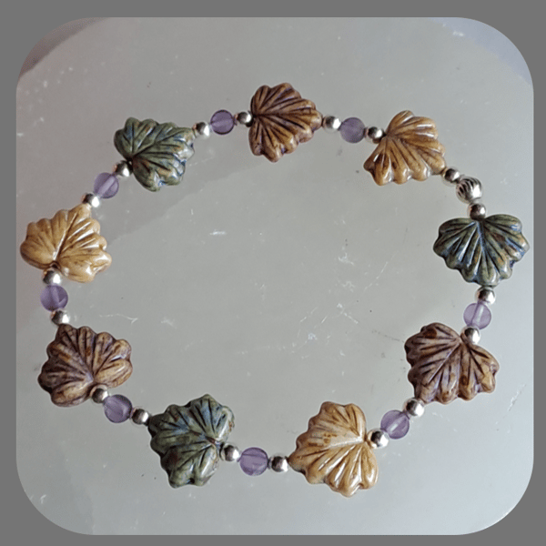 Czech glass, Amethyst and Sterling Silver Leaf bracelet