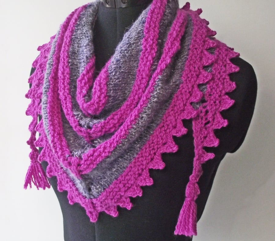 Handspun Knitted Purple and Pink Scarf, Shawl, Wrap, Polwarth, Alpaca, Silk 