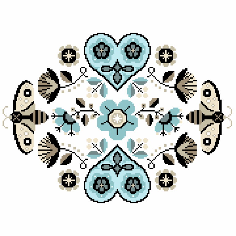 062A Cross Stitch Pattern Callico Hearts Flowers and Bees in Blue