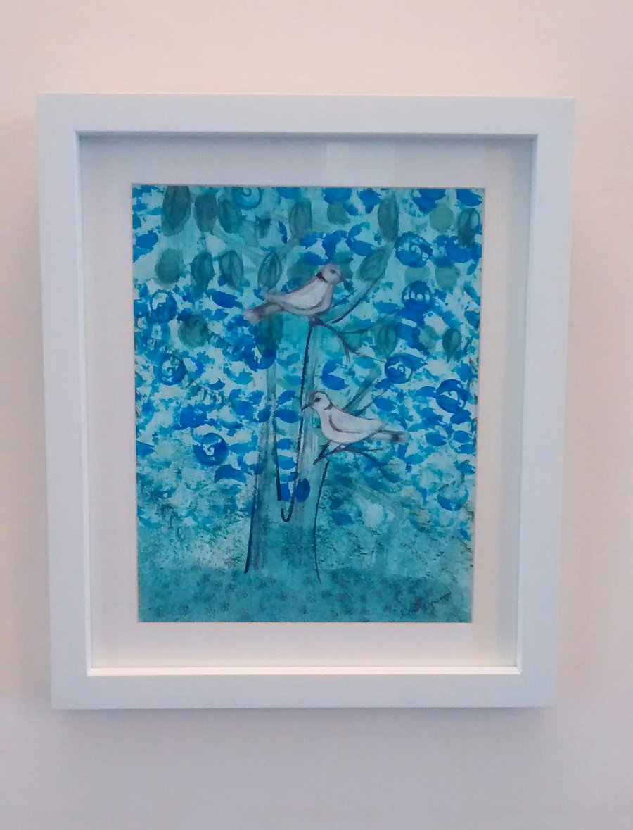 Original Framed Painting, Collared Doves