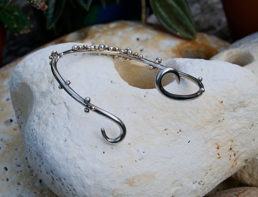 Statement handmade solid sterling silver bangle with rose and yellow gold decor