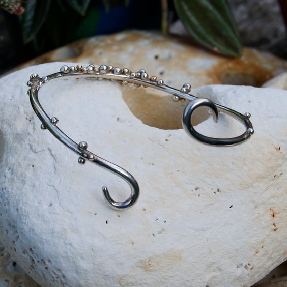 Statement handmade solid sterling silver bangle with rose and yellow gold decor