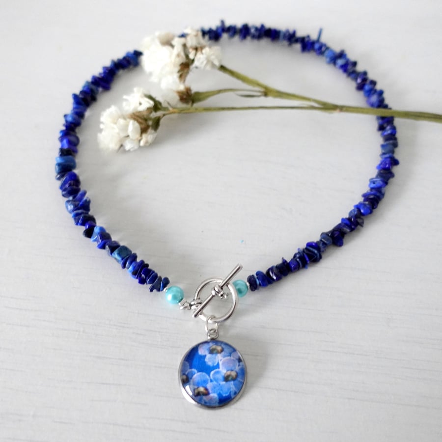 Blue Necklace with Flower Art Pendant, Lapis Lazuli Jewellery, Fashionista Gift