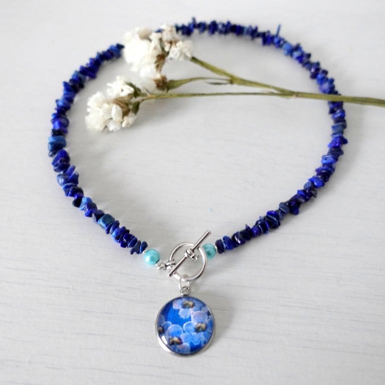 Blue Necklace with Flower Art Pendant, Lapis Lazuli Jewellery, Fashionista Gift