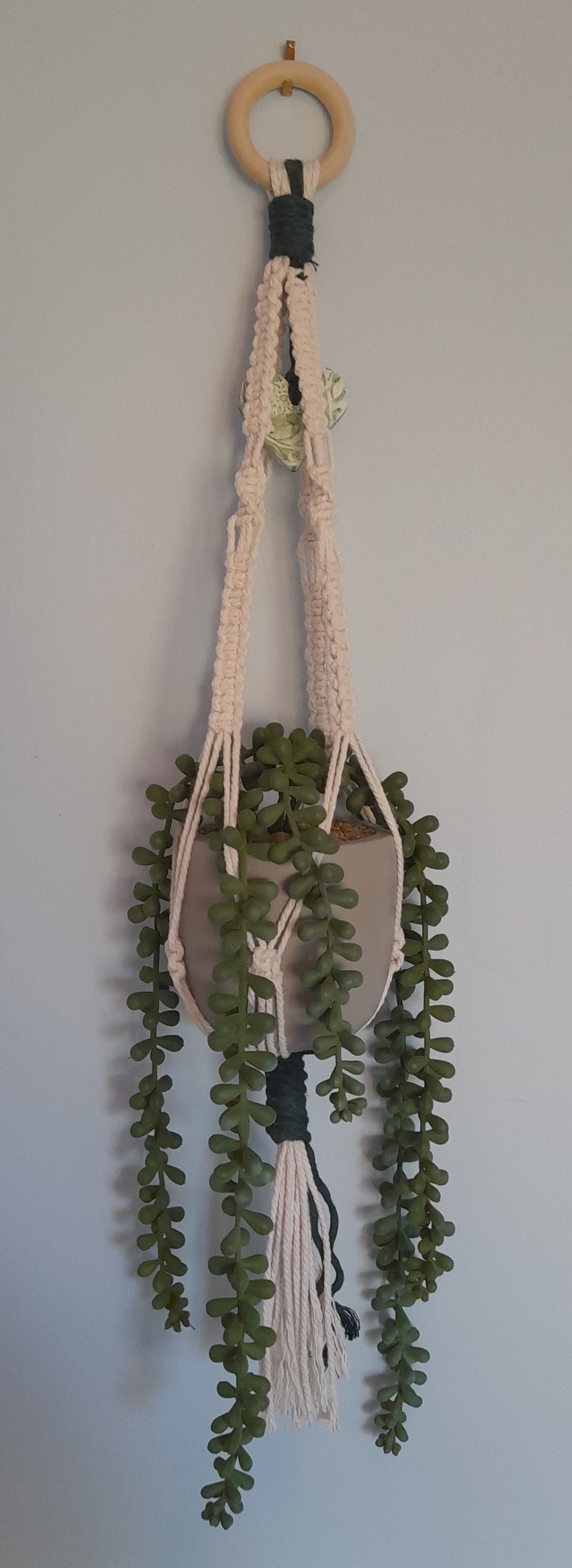 Handmade Macrame Hanging Basket - Recycled Twine, Air Dry Clay Embellishment