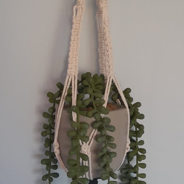 Handmade Macrame Hanging Basket - Recycled Twine, Air Dry Clay Embellishment