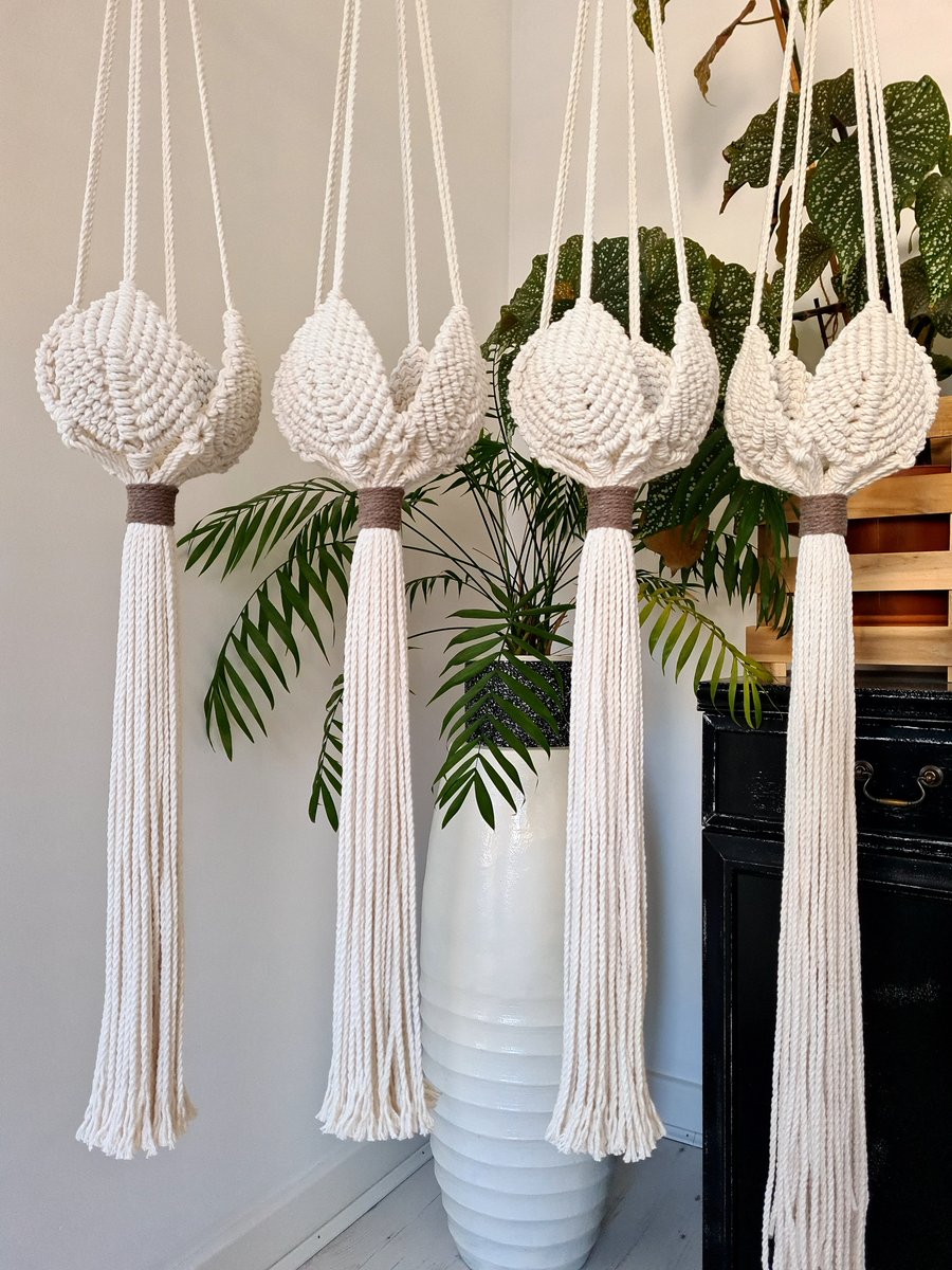 Macrame Plant Hanger, White Hanging Planter Basket, Handmade Birthday Gift 