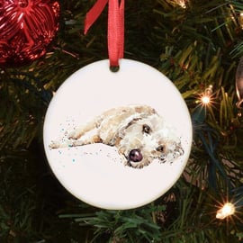 Labradoodle II Ceramic Circle Tree Decoration.Labradoodle Xmas Tree Decor, Labra