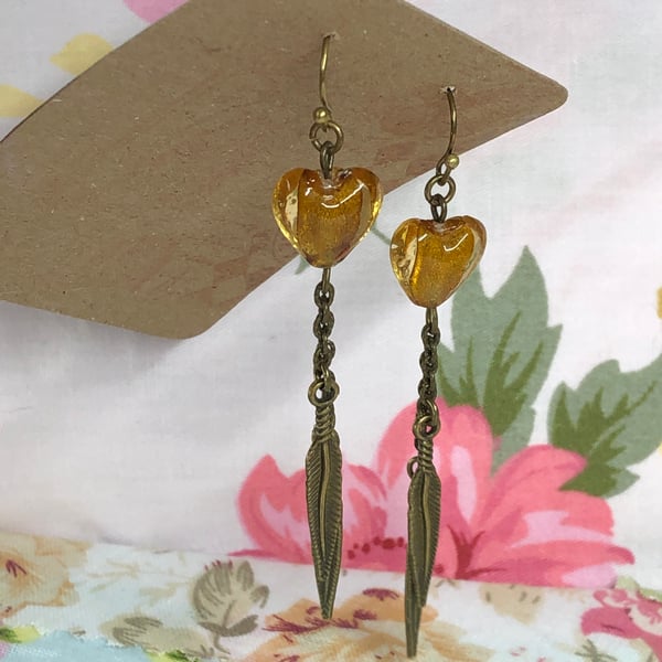 Golden honey Murano heart feather earrings