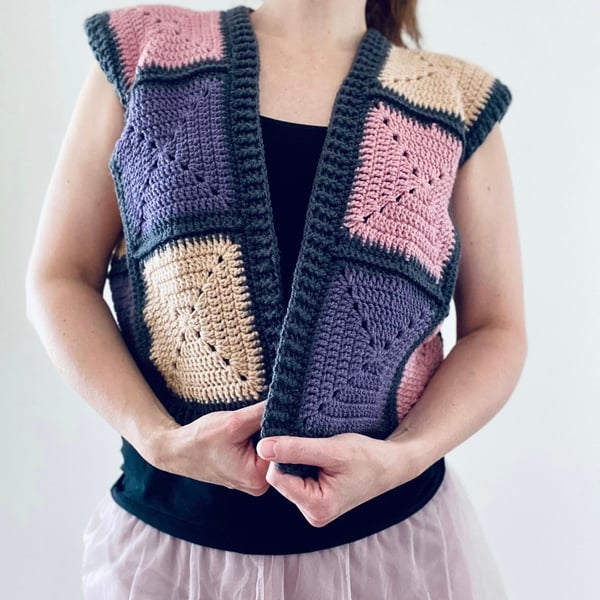 Purple Crochet Granny Square Waistcoat.