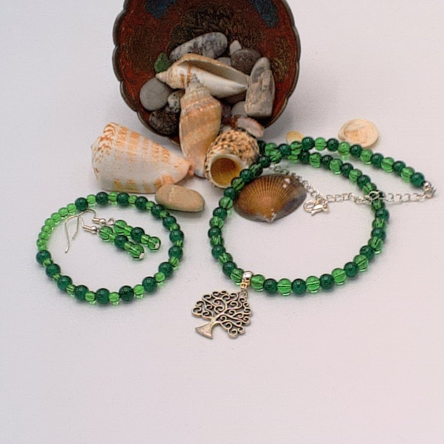 Green Glass Bead Necklace with Silver Tree Pendant, Bracelet and Earrings Set