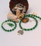 Green Glass Bead Necklace with Silver Tree Pendant, Bracelet and Earrings Set