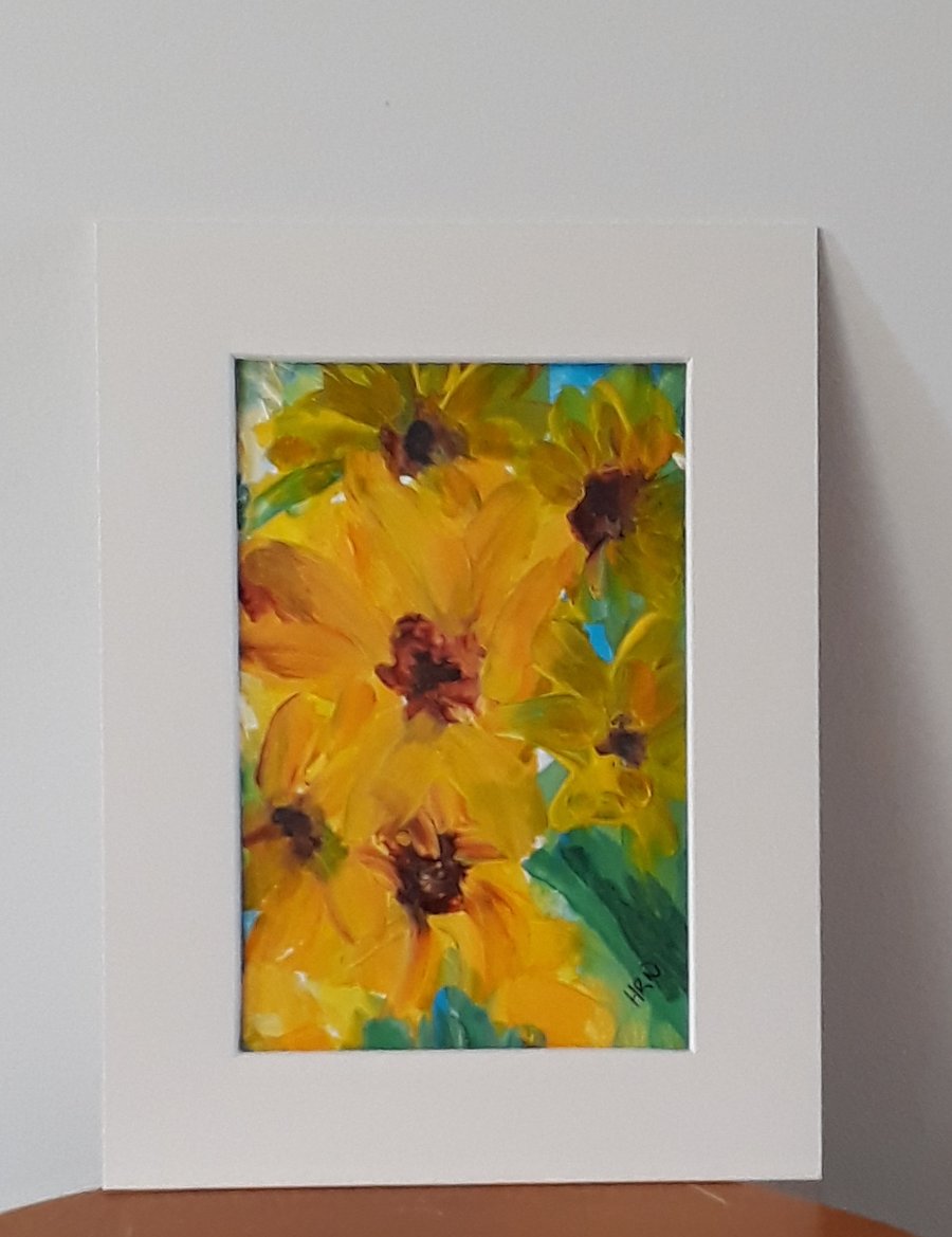 A crowd of sunflowers, Original acrylic painting with mount ready for framing