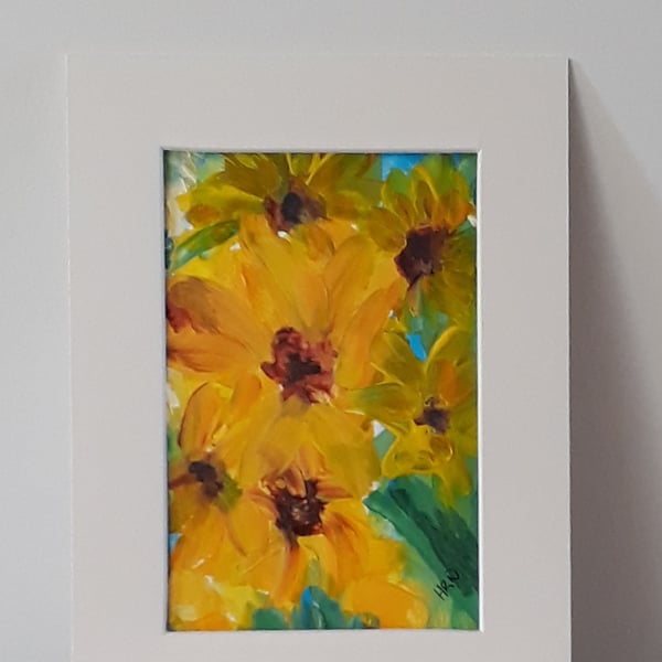 A crowd of sunflowers, Original acrylic painting with mount ready for framing
