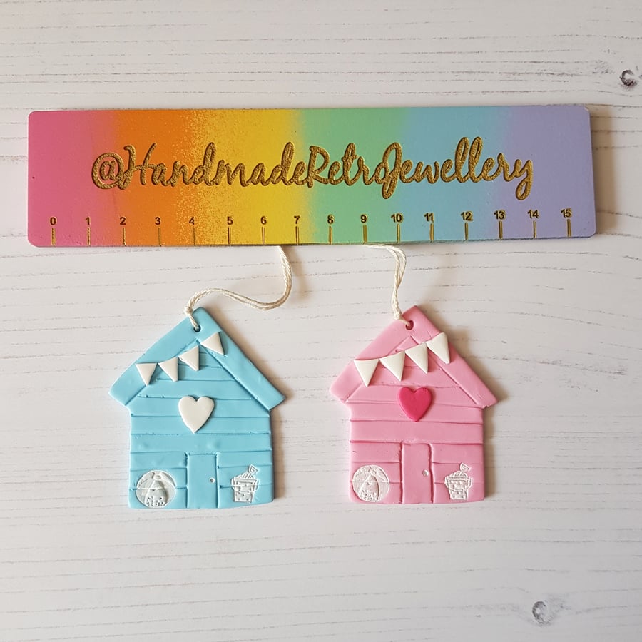 Retro Beach Hut Hanging Decoration, Hand painted, Handmade