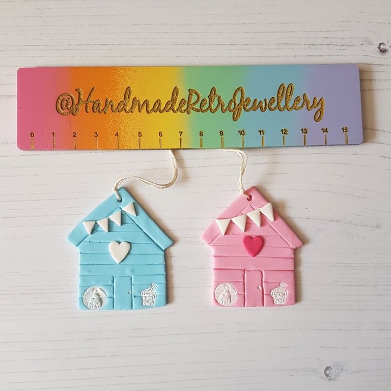 Retro Beach Hut Hanging Decoration, Hand painted, Handmade