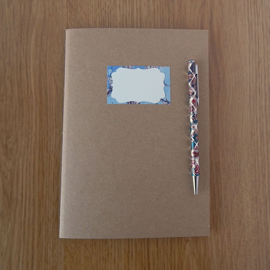 A5 Blue Marbled & Kraft Notebook with Label Replacement Notebook. Made to Order