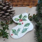 Large Ceramic Christmas Stocking Hanging Decoration - Holly & Berries.