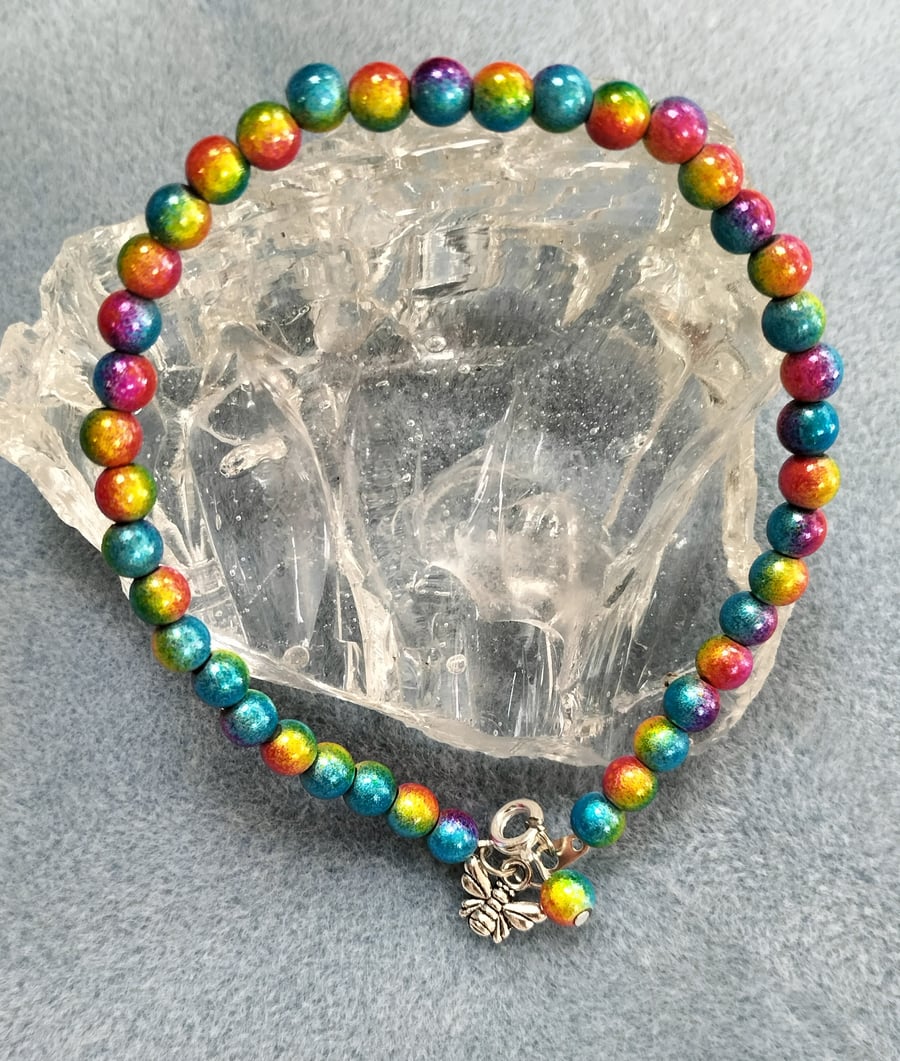 AL116c Rainbow miracle bead anklet with catch and bee, 11.5"