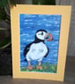 Puffin small original painting in yellow cardboard mount.   - Image 6