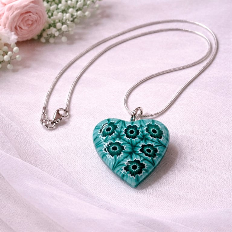 Green Murano Glass Heart Necklace on Silver Chain