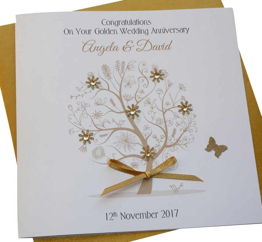 Handmade Personalised Golden 50th Wedding Anniversary Tree Card